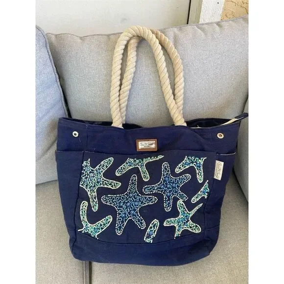 Sunn'N'Sand Starfish Tote Bag Blue & White Beaded Beach Handbag - Picture 1 of 6